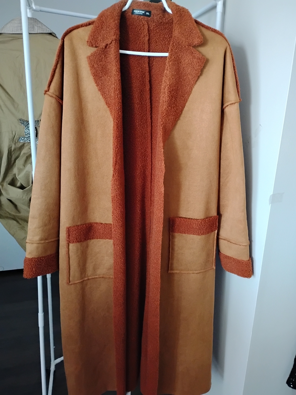 SHEIN Women's Long Two-Tone Faux Camel & Rust Collar Long Sleeve Trench Coat